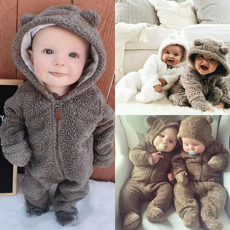 Emmababy Newborn Baby Girls Boys Winter Long Sleeve Solid Color Soft Warm Fuzzy Hooded Romper Jumpsuit Outfits Clothes |
