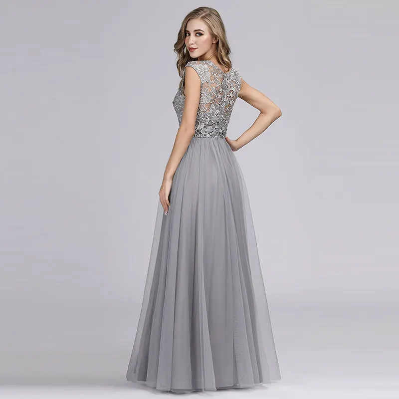 Elegant A-line Lace Evening Dress Scoop Floor-length Capped Sleeves Tulle with Sashes Zipper-up for Party | Свадьбы и торжества