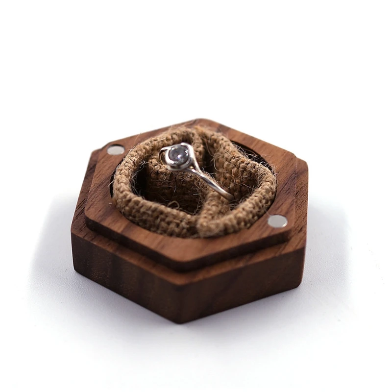 

Y166 Black Walnut Hexagon Personalized Rustic Wedding Wood Ring Box Holder Wedding Ring Bearer Jewelry Box for Wedding Gift
