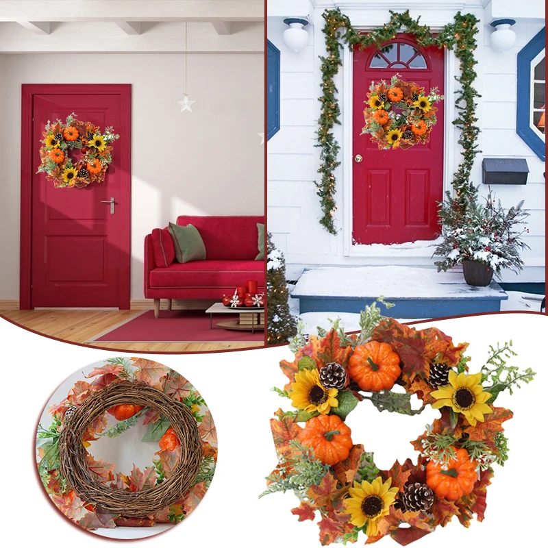 

Большой осенний венок с тыквой для входной двери с подсолнухами, венок на Хэллоуин, гирлянда с орнаментом, круговой венок DOG88
