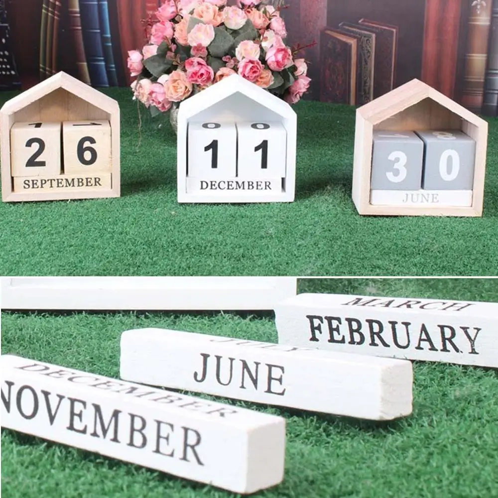 

Vintage Wooden Perpetual Calendar Month Date Display Eternal Block Photography Props Desk Accessory Sweet Home Office Decoration