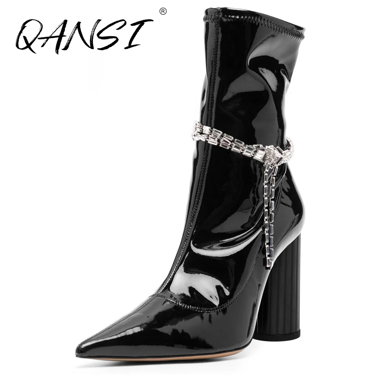 

Handmade Black Patent Leather Boots for Women Point Toe High Heel Women's Boots Sexy Crystal Chain Round Heel Zip Woman Boots