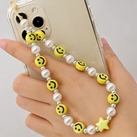 2021 korean simple fashion imitation pearl mobile phone chain pendant soft ceramic beaded for women phone lanyard jewelry gifts