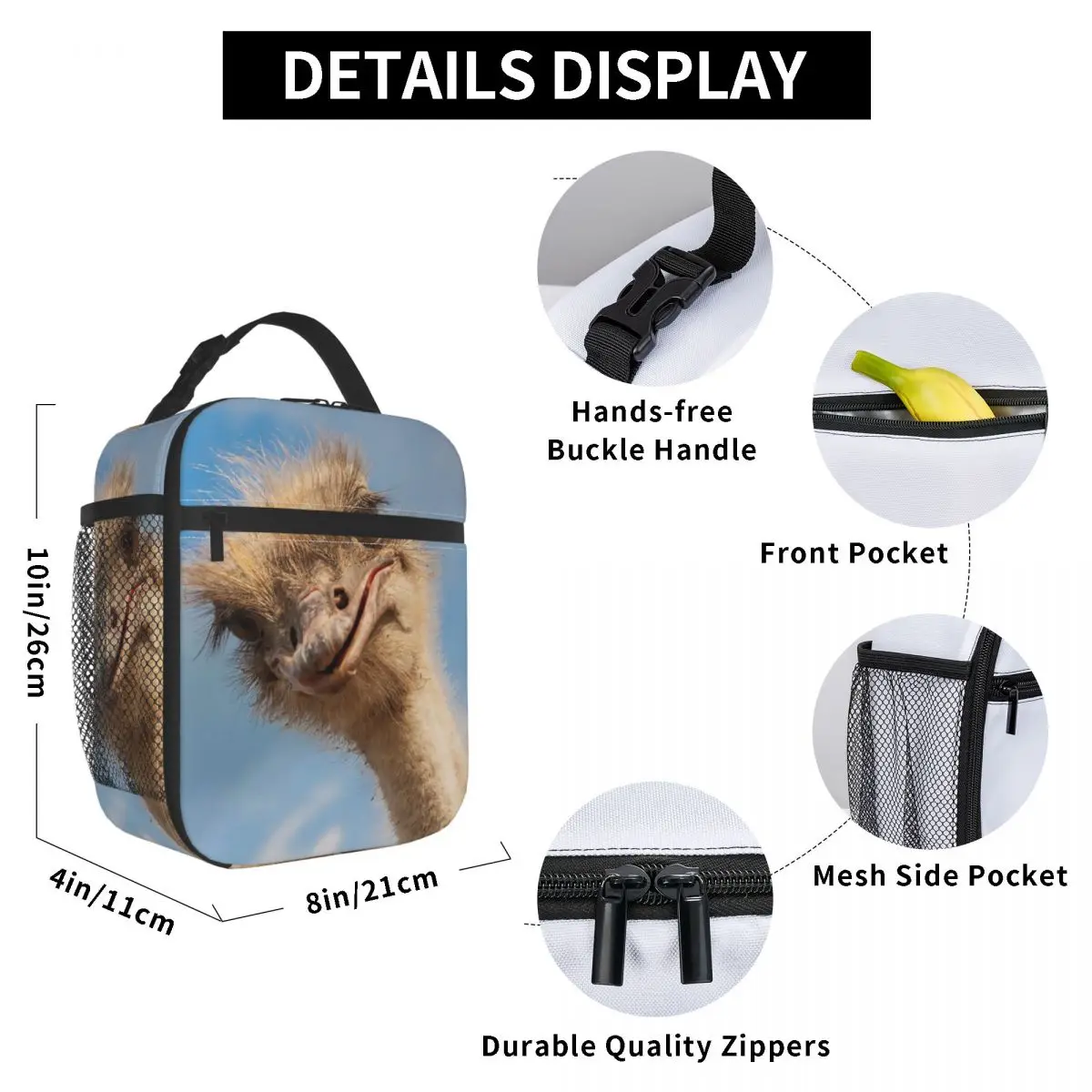 

Ostrich Head Lunch Bag for Women Men Large Insulated Lunch Box with Water Bottle Holder and Pockets