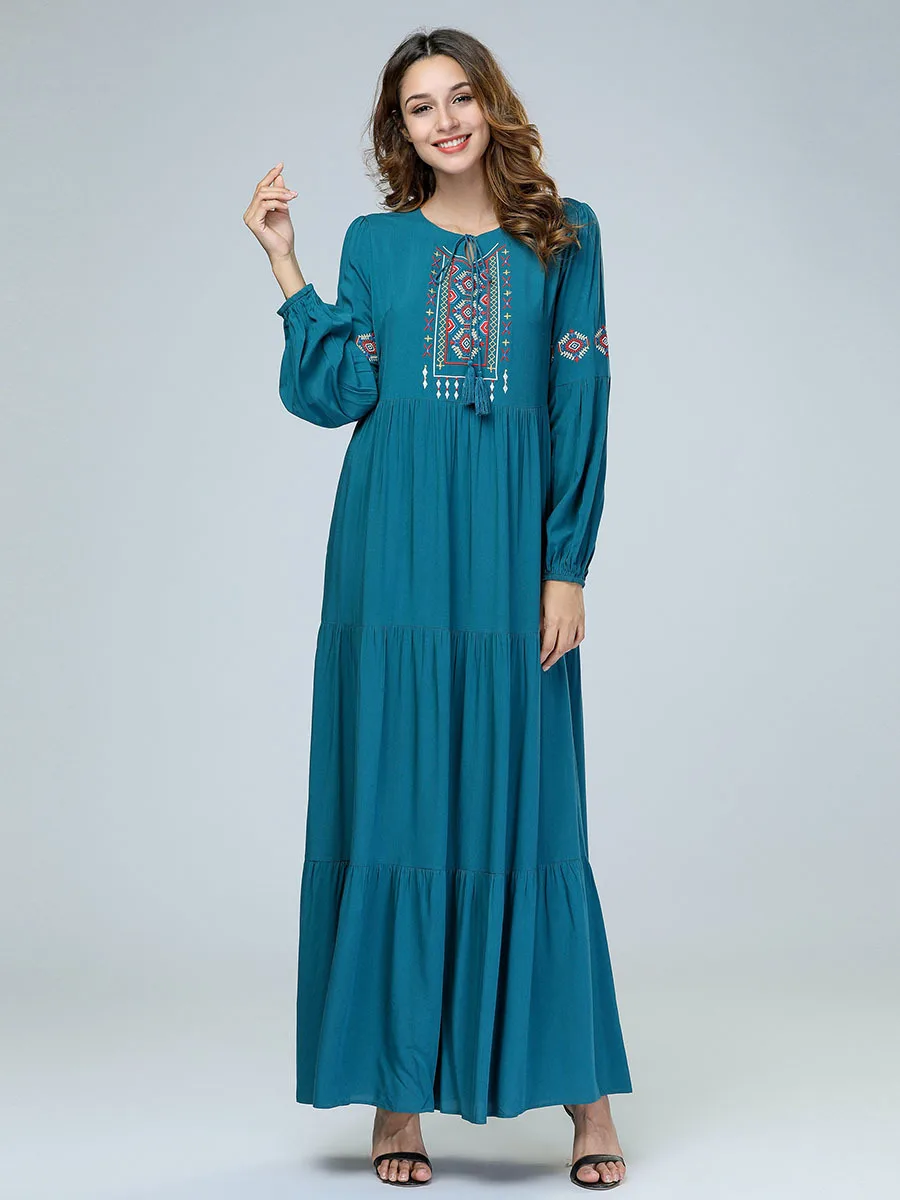 

Elegant Embroidery Abaya Maxi Dress Ethnic Geometric Full Hijab Muslim Cardigan Kimono Long Robe Gowns Eid Ramadan Islamic