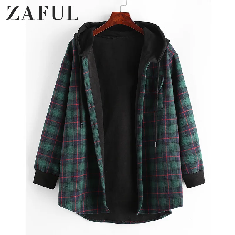 Женские клетчатые куртки ZAFUL пальто с капюшоном на пуговицах и завязках Зимняя