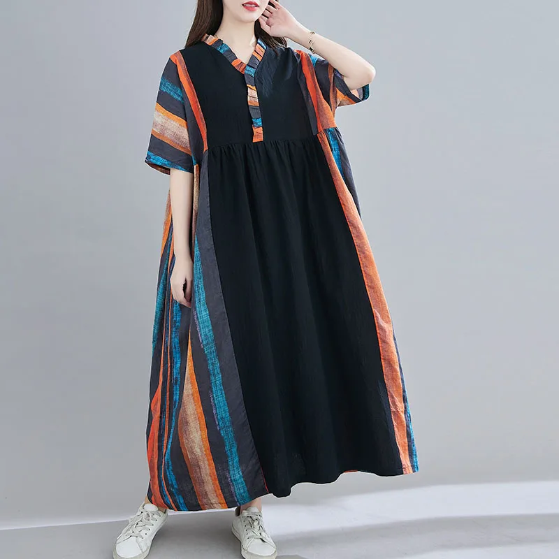 

Oversize Ruffles Splicing Dress For Women One-Piece Summer Plus Size 4XL 5XL 6XL Cottom Linen Maxi Long Dress Female Boho Dress