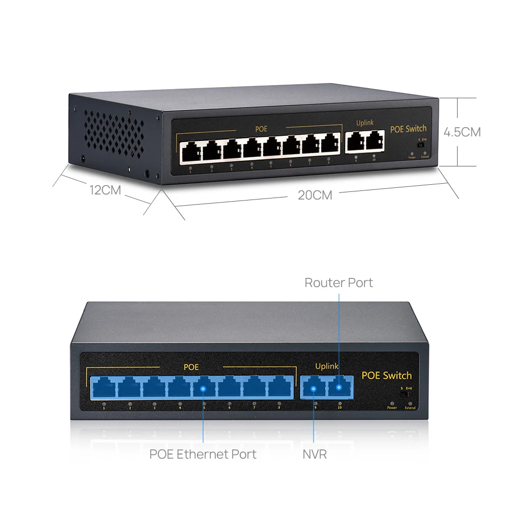 10-портовый POE коммутатор 8 портов + 2 порта Uplink Ethernet 10/100 Мбит/с IEEE802.3af 120 Вт макс. 250 м