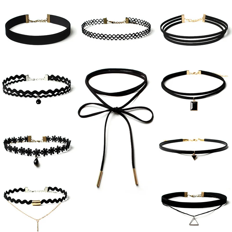 

2021 New Hollow Designs Black Leather Velvet Choker Necklace Layer Chokers Vintage Jewelry Necklace For Women Female