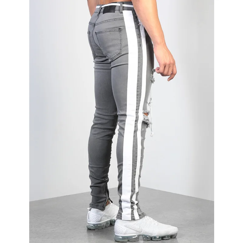 

New Masculina Pantalones Jeans Men Kot Pantolon Foot Zipper Ripped Jeans for Men Red Webbing Black Men Jeans Pants Denim