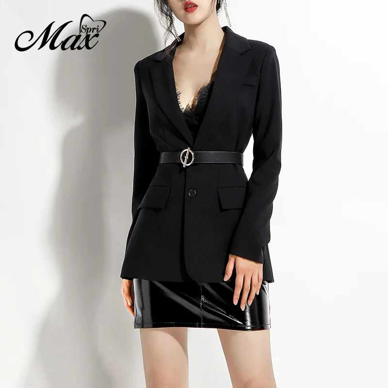 

Max Spri Fashion Deep V Long Sleeve Croped Top With Sashes PU Mini Skirt Two-Piece Set 2019 Autumn New Office Lady Suits Black