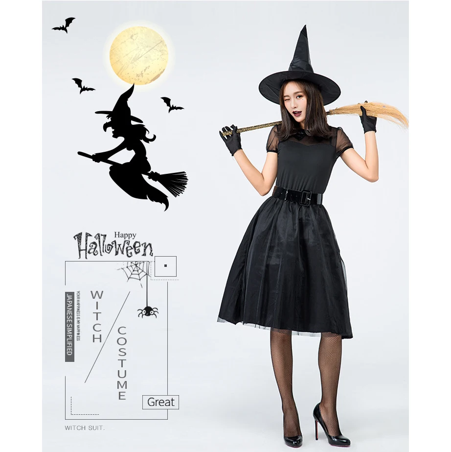

Halloween Women Pretty Witch Cosplay Costumes Black Net Yarn Stage Performance Dress Carnival Party Medieval Gothic Disguise