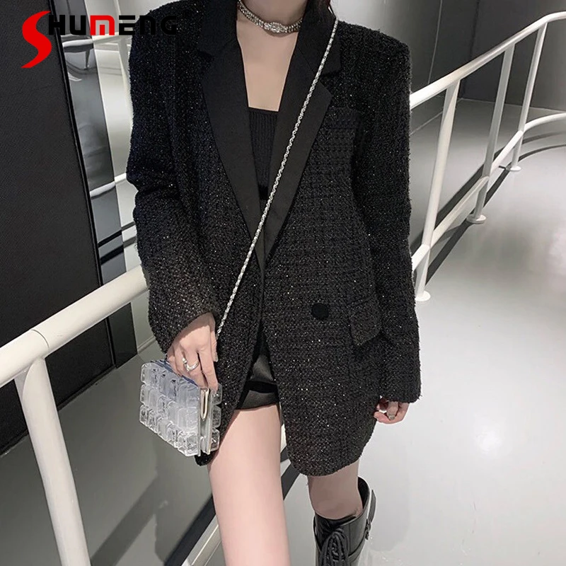 2021 New Autumn Ladies Simple Office Lady Woven Glossy Slim Waist Woolen Blazers Women's Fashion Retro Elegant Tweed Suit Coat | Женская