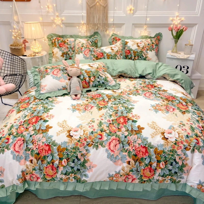 

Super Soft 100% Cotton Korean Style Bloom Flowers Princess Bedding Set Ruffles Duvet Cover Flat/Fitted Sheet Pillowcases 3/4Pcs