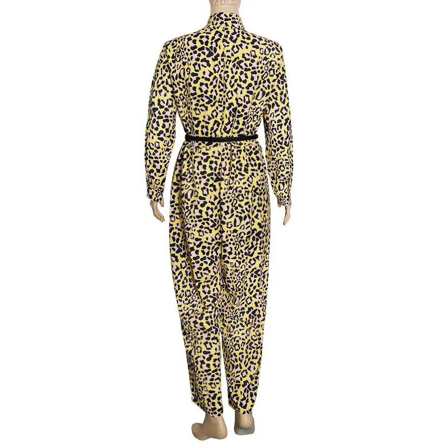 African Leopard Jumpsuits Long Sleeve Turn Down Collar High Wait Elegant Work Business Office Rompers Jumpsuits With Belt 2020