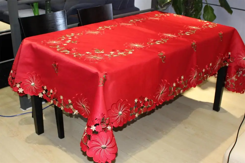 Брендовая Рождественская пластиковая сатиновая красная скатерть с вышивкой