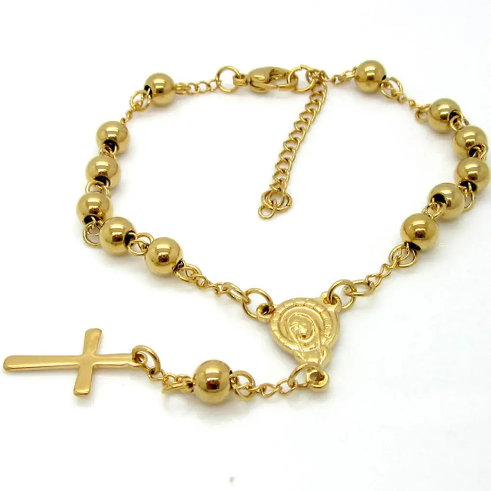 

Fashion High Quality Length 220mm+40mm Stainless Steel Bead Women Bracelet With Cross Pendant Rosary Charm Bracelets For Woman