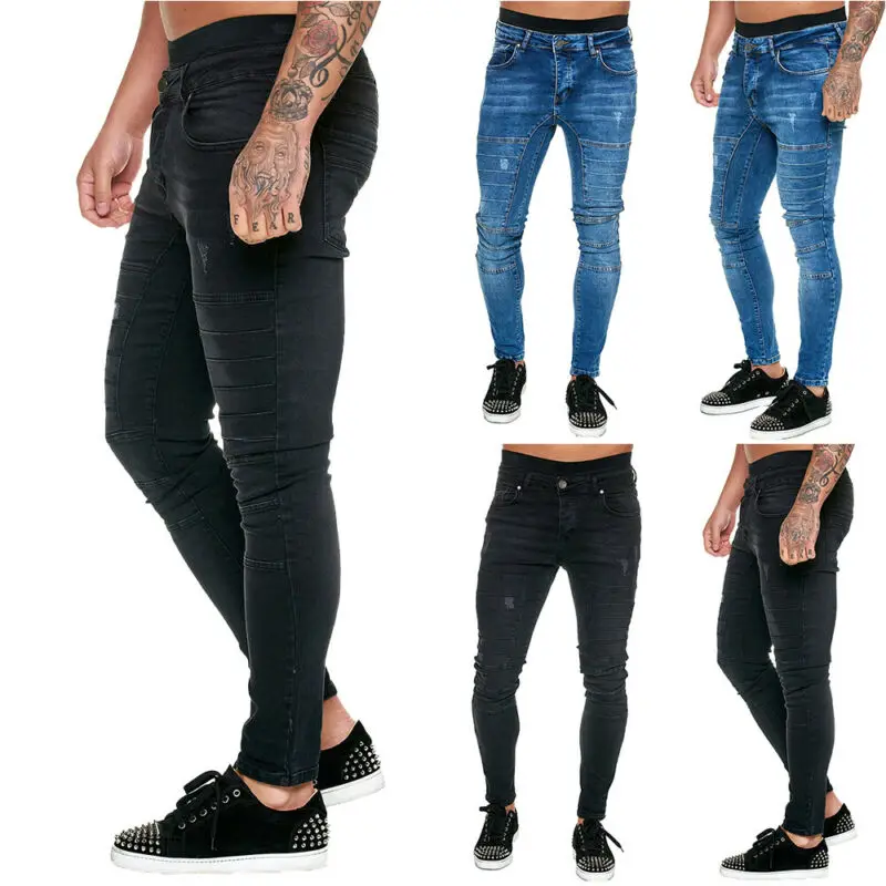 Джинсы мужские рваные мотоциклетные брюки джинсы облегающие тонкие верхняя