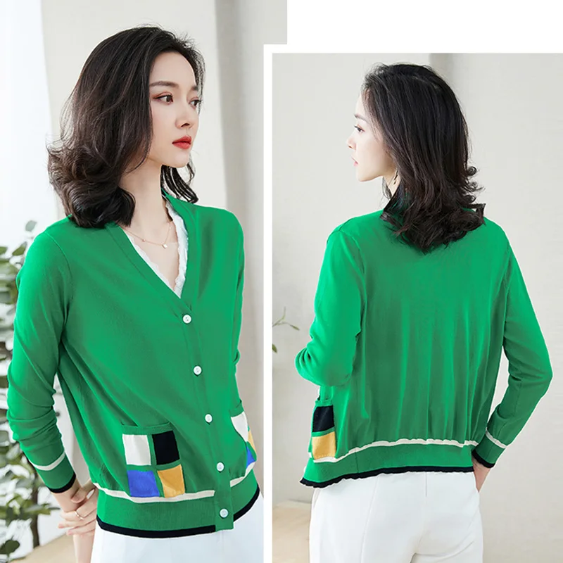 

Contrast Color V-Neck Sweater Cardigan Women Casual Short Knitted Jacket With Pocket Spring Fashion korea Thin Knitwear Tops