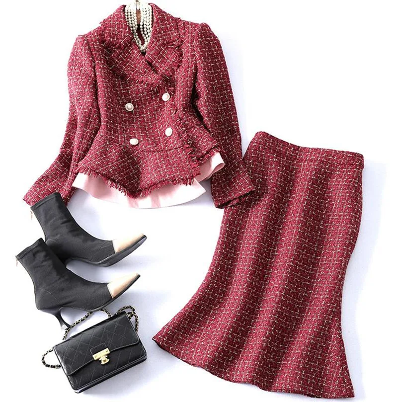 

Women 2021 autumn Long Sleeve Tassel Plaid Tweed Woolen Jacket+Trumpet Skirt Set 2Piece Outfits