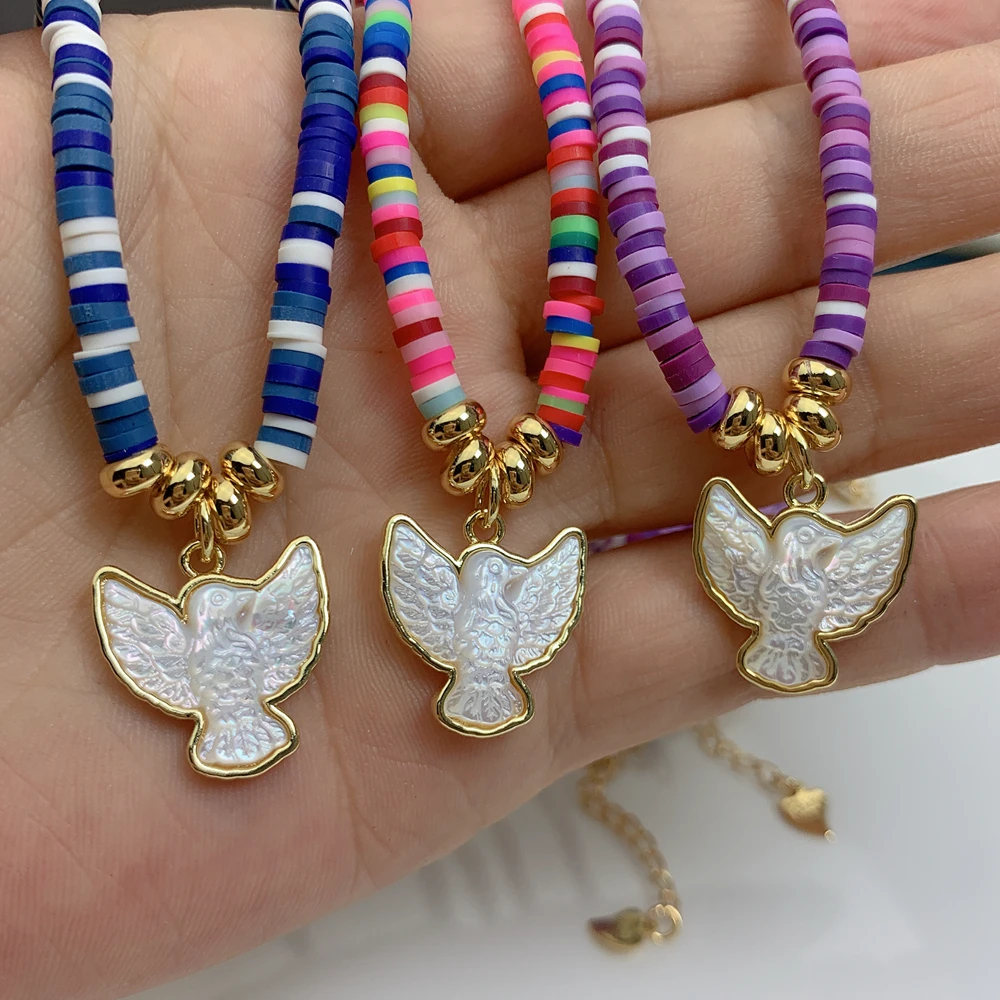 

Fashion Peace Dove Necklace For Women 2021 Handmade Natural MOP Pearl Shell Pendant Soft Pottery Ceramic Chain Bohemian Jewelry