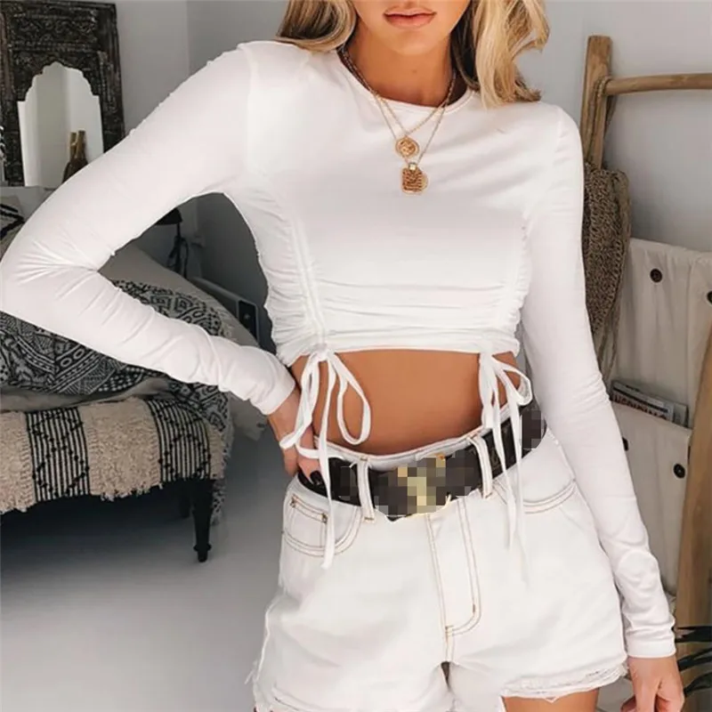 2019 Женская белая рубашка укороченный топ с длинным рукавом Тонкий джемпер