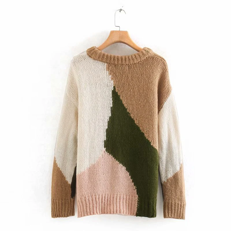 

Autumn and winter women's sweater casual color matching round neck long sleeve sweater