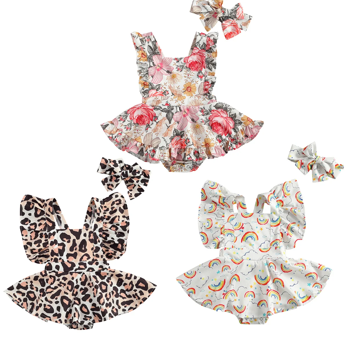 

Baby Girls Two-piece Clothes Set, Printed Pattern Sleeveless Square Collar Romper + Headdress, White/ Black