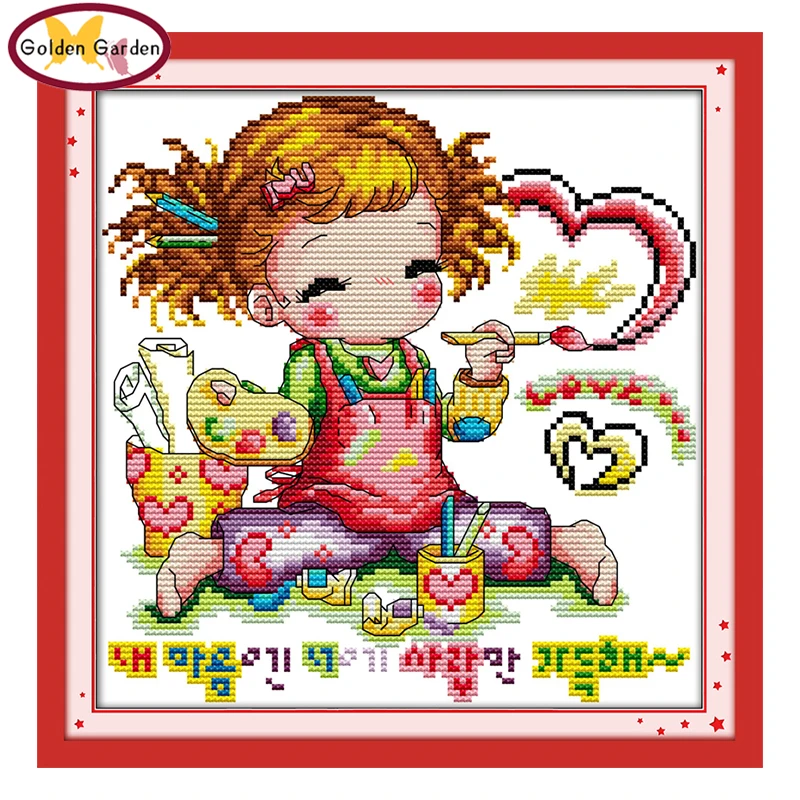 

GG A Love Girl Cartoon Counted Cross Stitch Pattern Joy Sunday 11CT14CT DIY Kit Needlework Embroidery Cross Stitch Sets for Kids