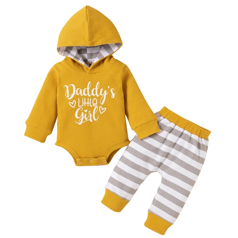 

Baby Girls Two-piece Clothes Set, Yellow Hooded Romper and Stripe Printed Pattern Trousers