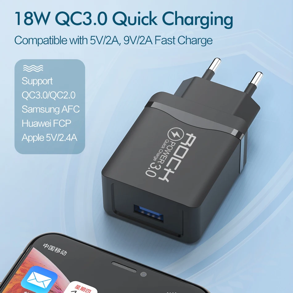 Настенное зарядное устройство ROCK 18 Вт Quick Charge 3 0 USB для Samsung S8 S9 Xiaomi mi QC3.0 FCP