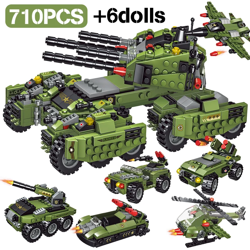 

2021 710 намоток Tank строительные блоки автомобиля самолета, Детские кубики, игрушки для мальчиков Фигурки Обучающие Конструкторы Военная Совм...