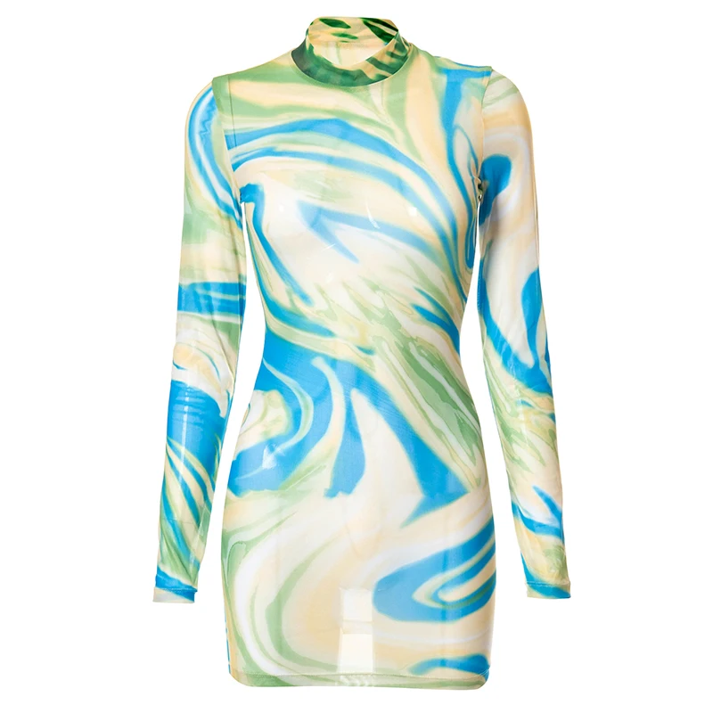 

InstaHot Women Y2K Print Gauze Turtleneck Casual Sexy Club Dress 2021 Summer Elegant Streetwear Party Dress Bodycon Female Dress