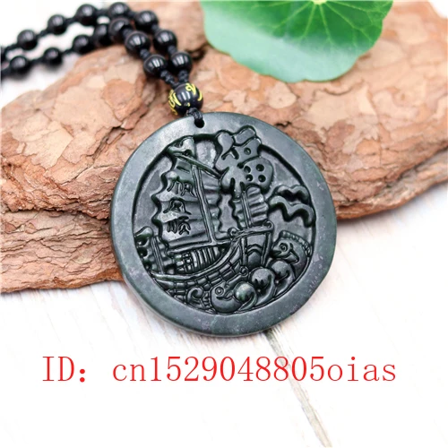Китайский натуральный черный зеленый нефритовый кулон парусник ожерелье с