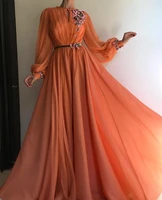 muslim orange long sleeves flowers evening dresses a line chiffon islamic saudi arabic prom gown robe de soiree vestidos de gala