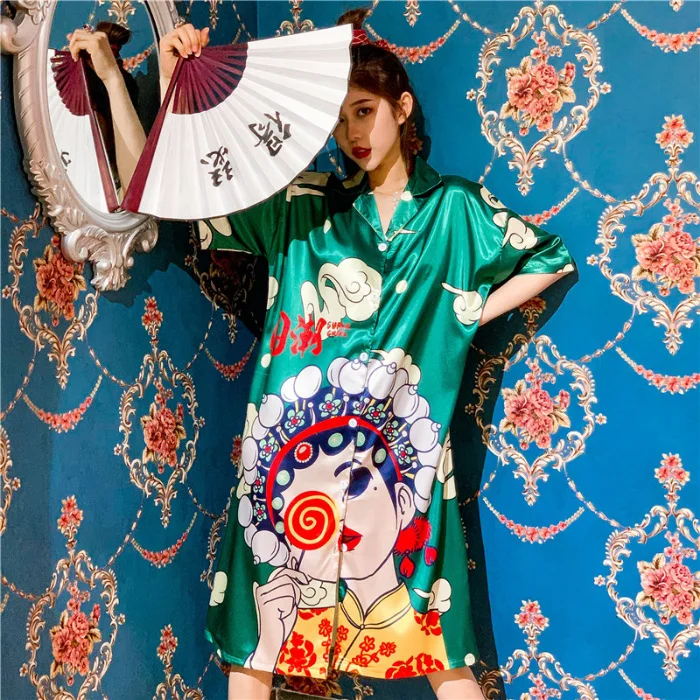

YRRFUOT Early Autumn New Short-sleeved Cardigan Nightdress Chinese Style Fashion National Tide Style Printed Nightdress Homewear