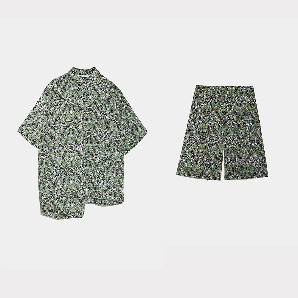 Женский комплект из 2 предметов ZA зеленая рубашка с коротким рукавом и принтом