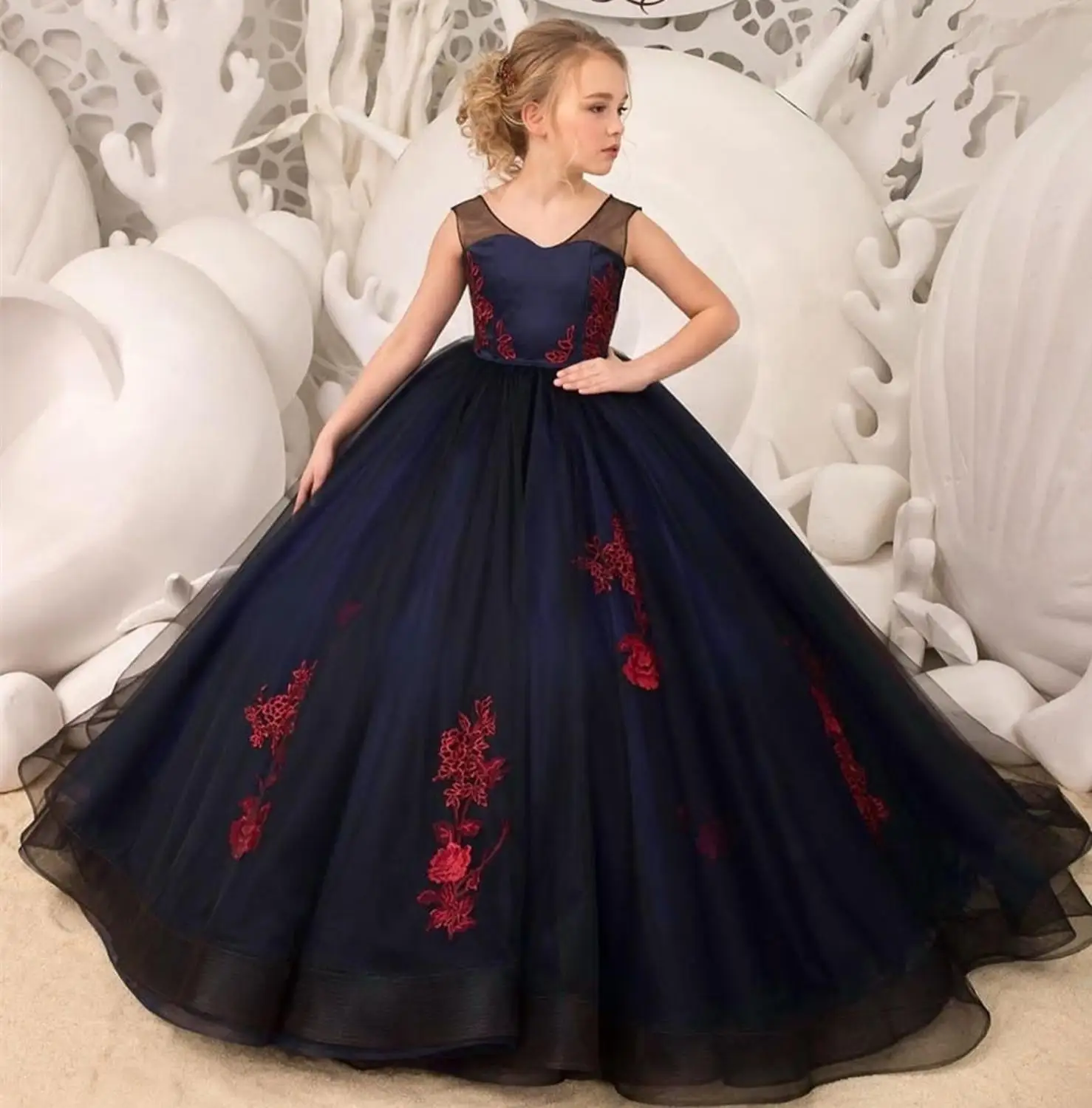 2020 г. Винтажное Голубое Кружевное бальное платье без рукавов с цветами для