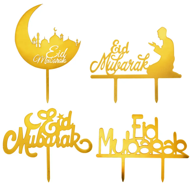 

Eid Mubarak Gold Cake Topper Acrylic Cupcake Flag Decoration Happy Birthday Ramadan Muslim Eid Baking Cake Supplies