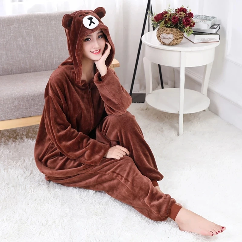 Animal Women Men Pajama Adult Cartoon Bear Kigurumis Zipper Flannel  Winter Warm Sleepwear XXL  Suit Funny Festival Overalls