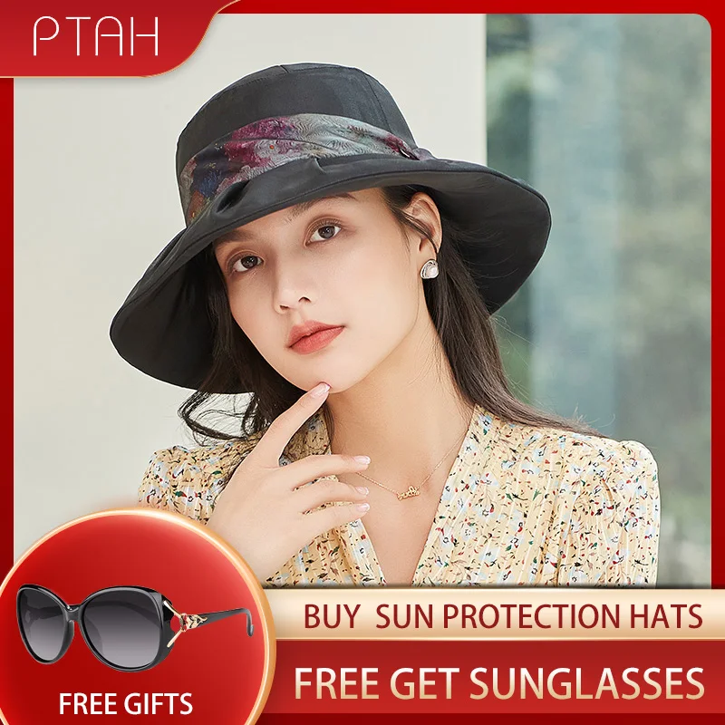 

[PTAH] 2021 Summer New Women's Sun Protection Cap 100% Mulberry Silk Hat UPF 50+ Breathable Lightweigh Hat Female Not Polyester