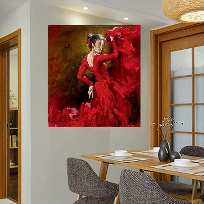 Ручная роспись маслом на холсте Испанский танцор фламенко картина малиновый