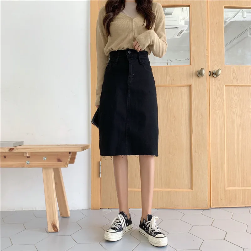 Винтажная шикарное миди джинсовая юбка женская уличная одежда с высокой талией и