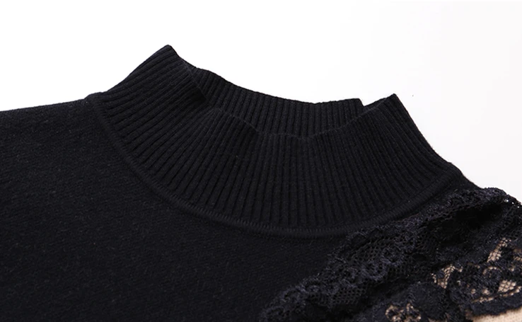 Long Sleeve Leopard Knit Sweater Women Autumn Winter Fashion Ol Lace Patchwork Turtleneck Pullover Tops Ladies Sweaters 2019 | Женская