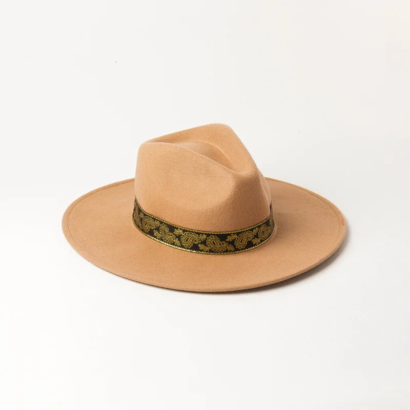 Autumn Winter Fashion wool Embroidery decorative ribbon Wide Jazz Shopping Tourist Style Felt Fedoras Hats for Women Men