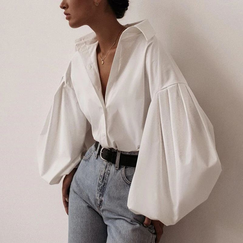 

2021 Lantern Sleeve Elegant Shirt Blouse White Black Sexy Button Vintage Turn Down Collar Office Ladies Shirt Female Casual