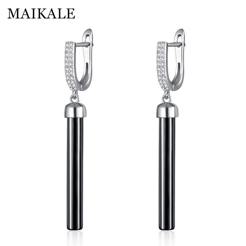 silver black MAIKALE, новинка, модные прямые длинные серьги, черные керамические серьги, кубический цирконий, золото/серебро, висячие серьги для женщин, очаровательные подарки - Окраска металла: silver black