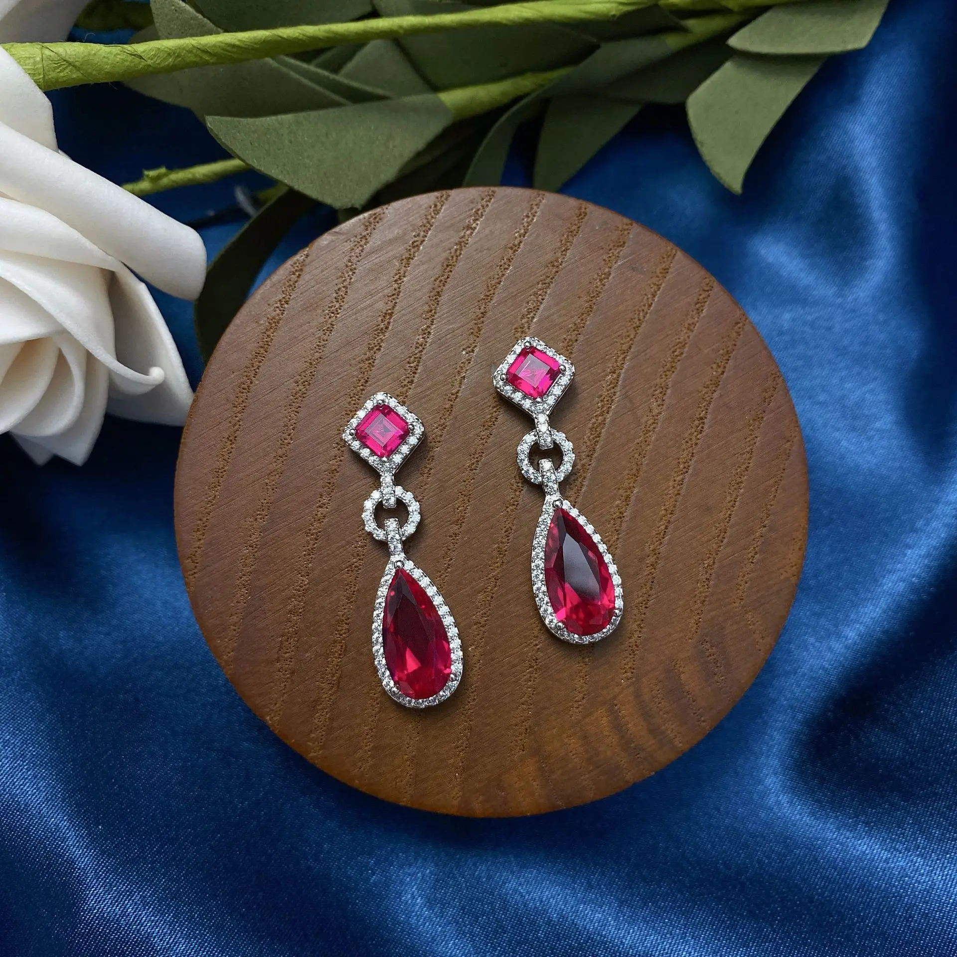 

100% 925 Sterling Silver Lab Diamonds Ruby Gemstone Dangle Drop Earrings For Women Party Ear Jewelry Wholesale