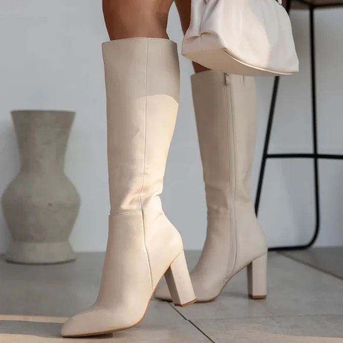 Black Pointed Stone Pattern Thick Heel Women's Knee-length Sexy Straight Boots New Style Sexy Women's Boots for Autumn and Winte