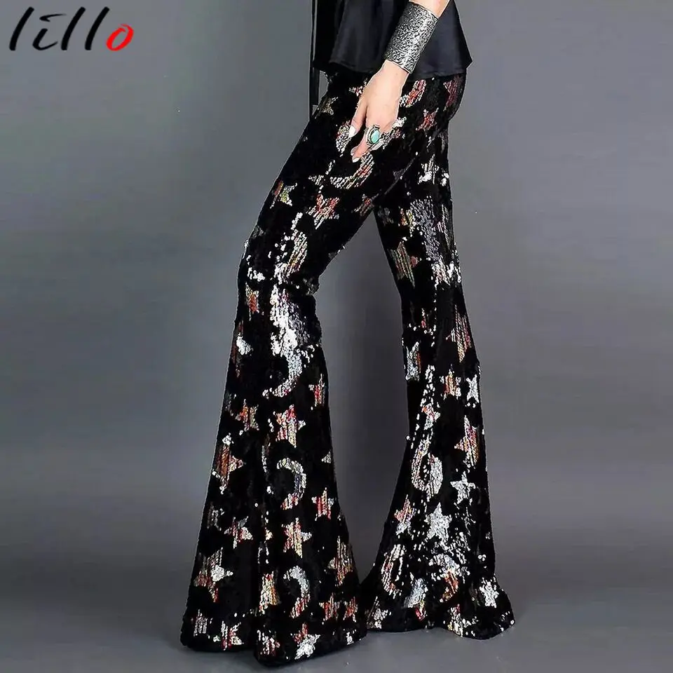 Брюки женские эластичные с блестками и высокой талией расклешенные брюки со